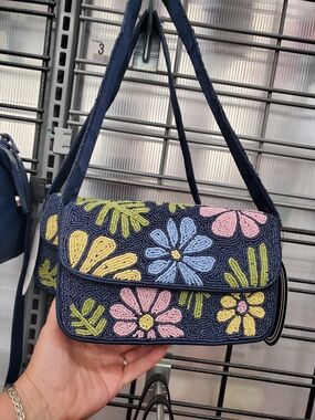 NWT Viral Floral Beaded Navy Shoulder Bag